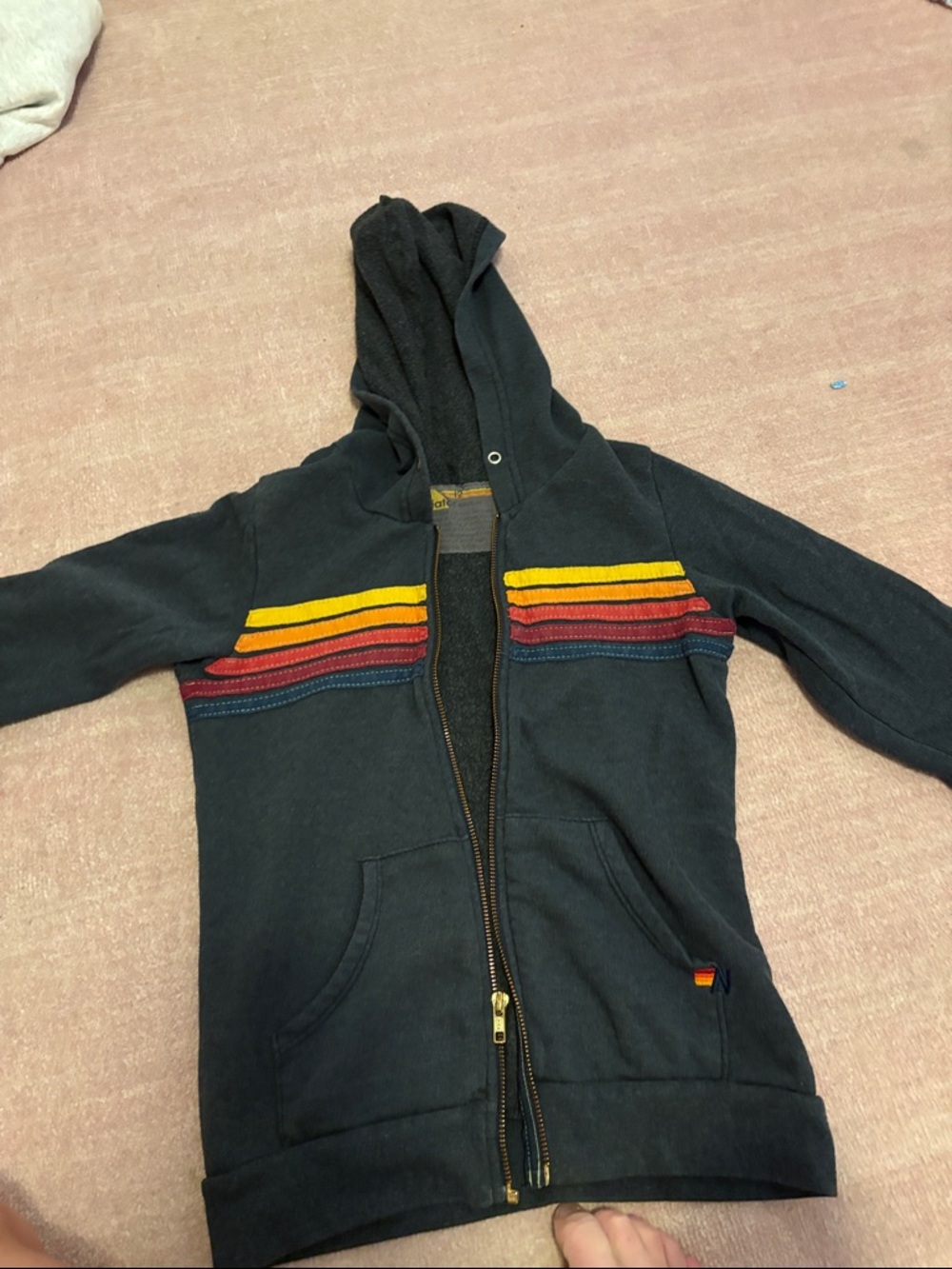 Aviator Nation Navy Zip Hoodie with Retro Rainbow Stripes kids size 12! - Picture 2 of 2